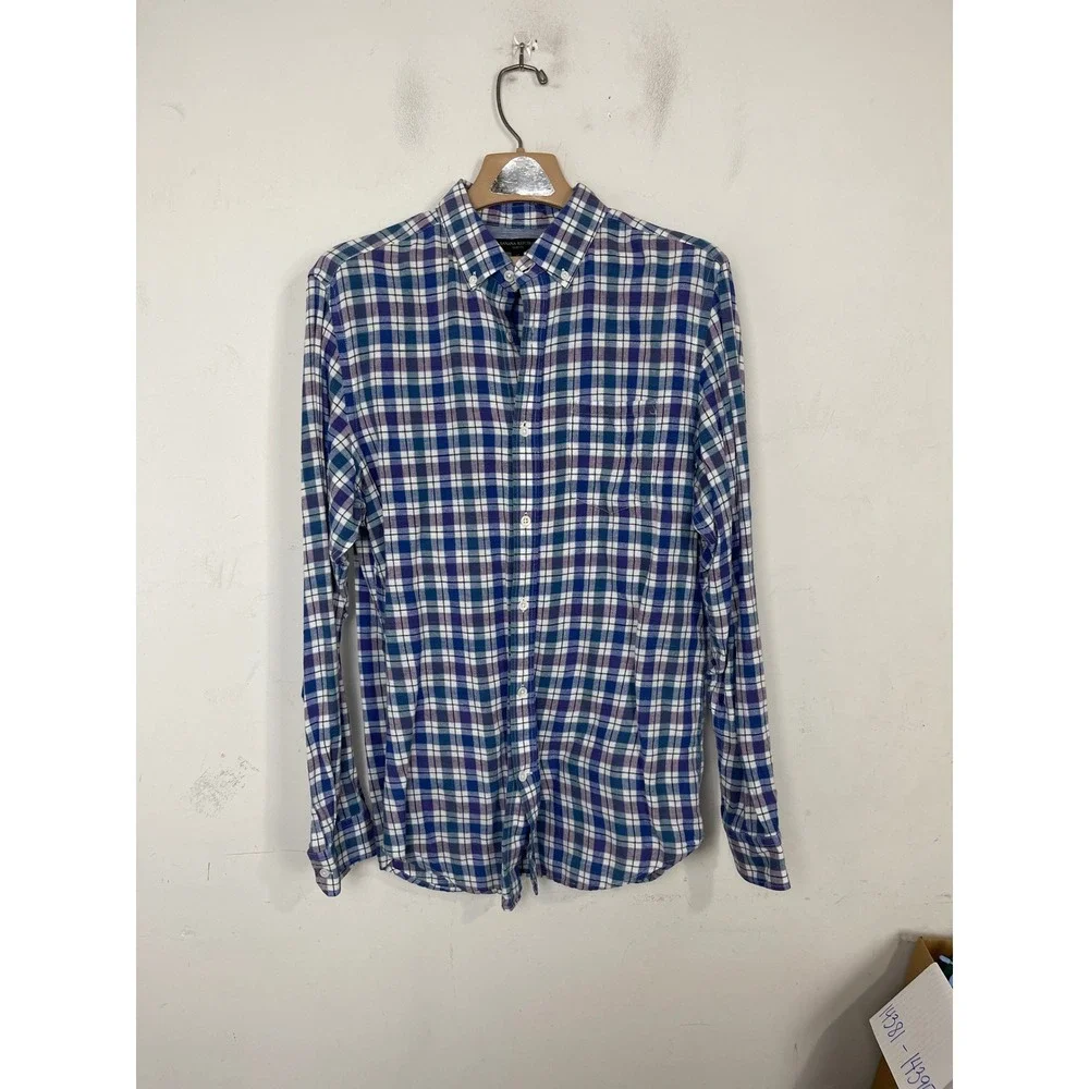 Banana Republic Mens Slim Fit Linen Cotton Plaid Button Down Shirt Blue Purple M